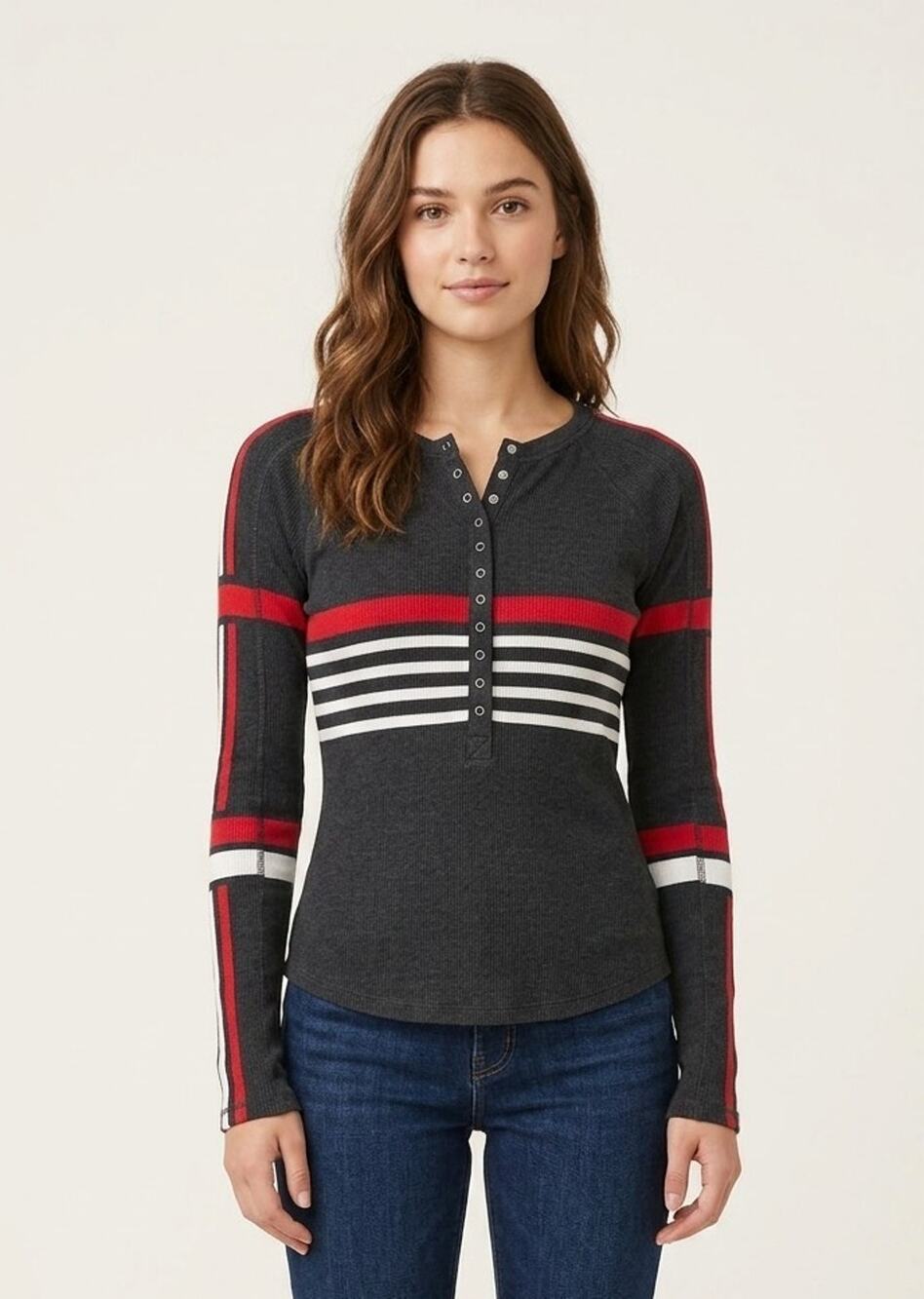 Free People Movement Rally Printed Layer Black Red Cotton Thermal Top Small